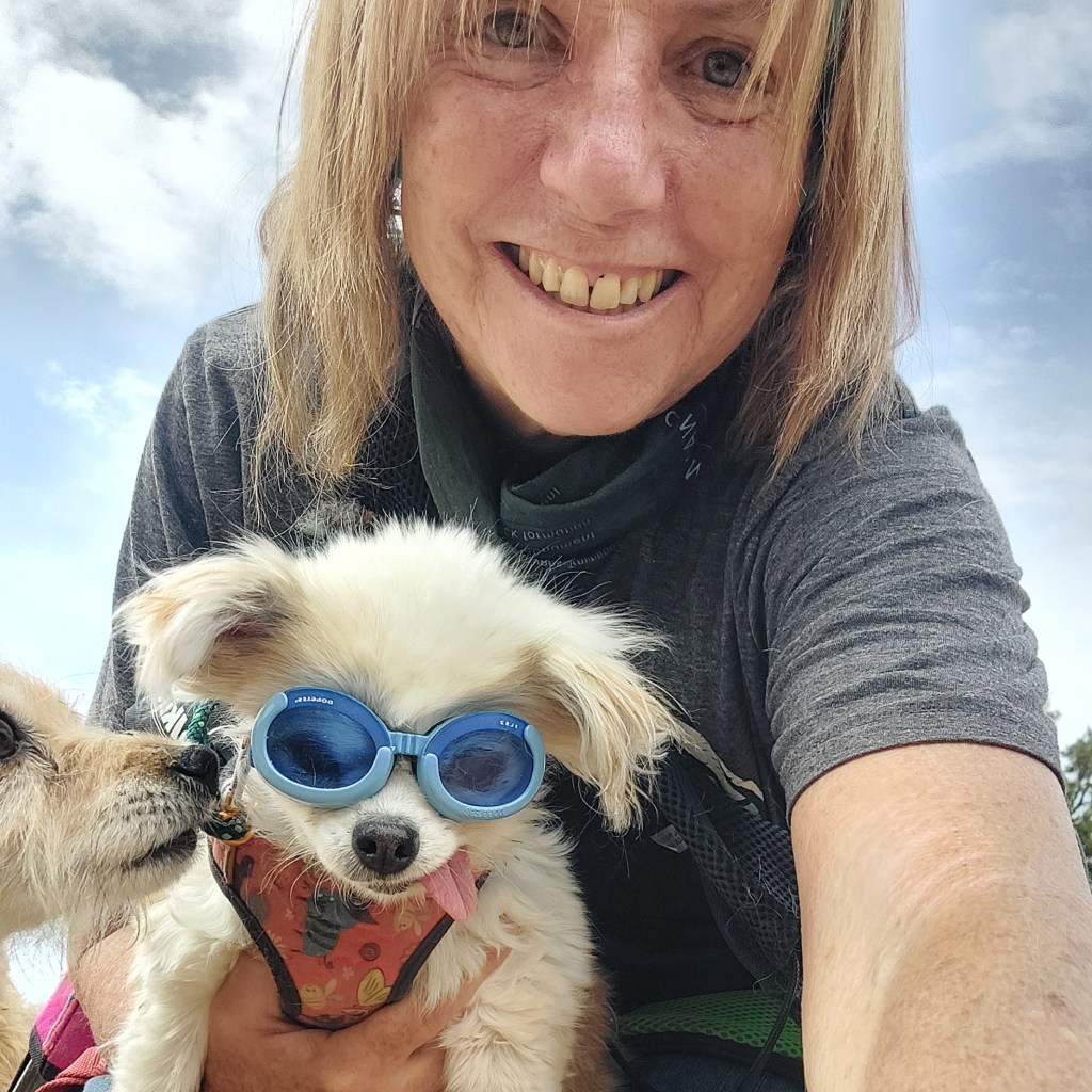 A woman smiling and taking a selfie with a small dog wearing blue goggles. Another dog is visible in the background.