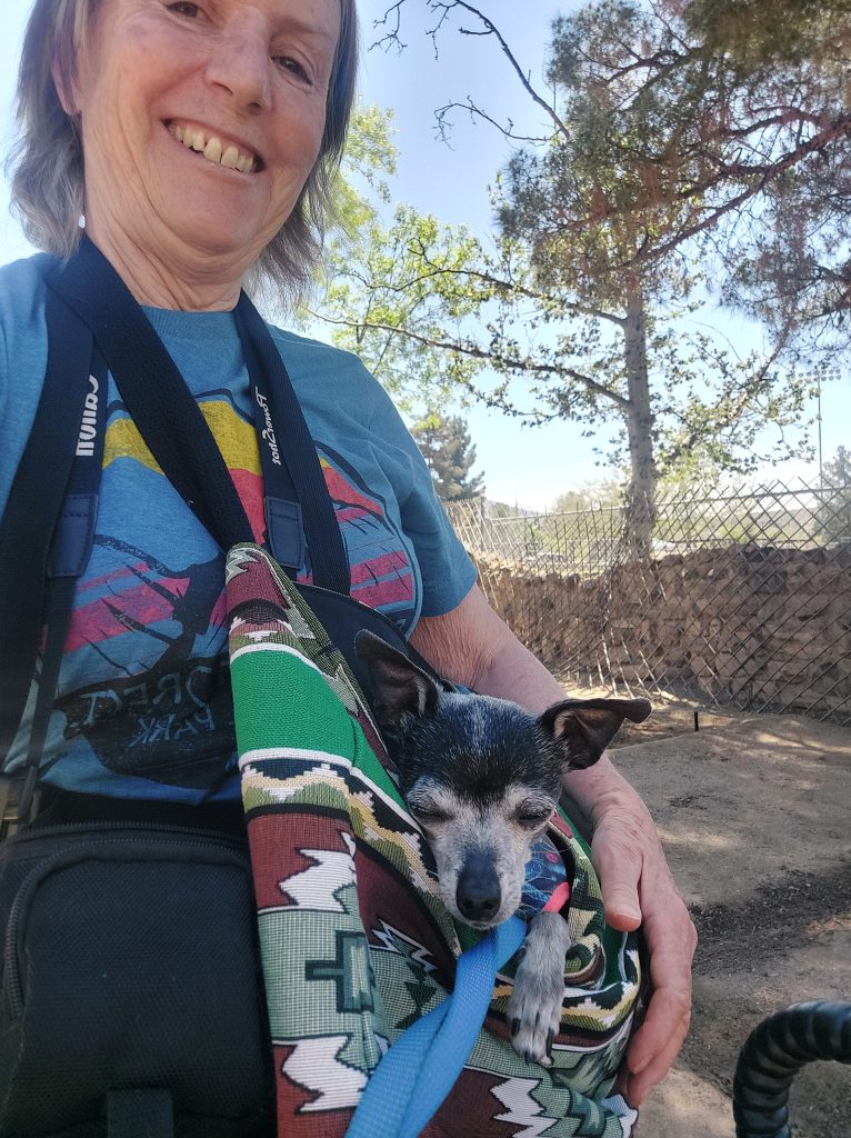 A smiling woman wearing a blue t-shirt and a camera strap holds a small dog in a colorful carrier while sitting outdoors in a sunny park.