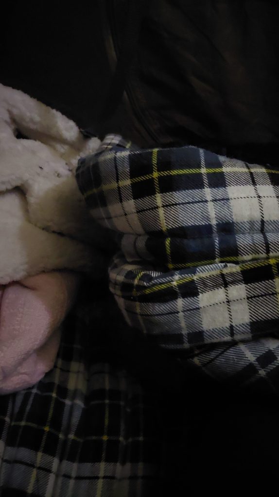A close-up of a person's hands holding a soft plaid blanket with a contrasting pink fabric nearby.