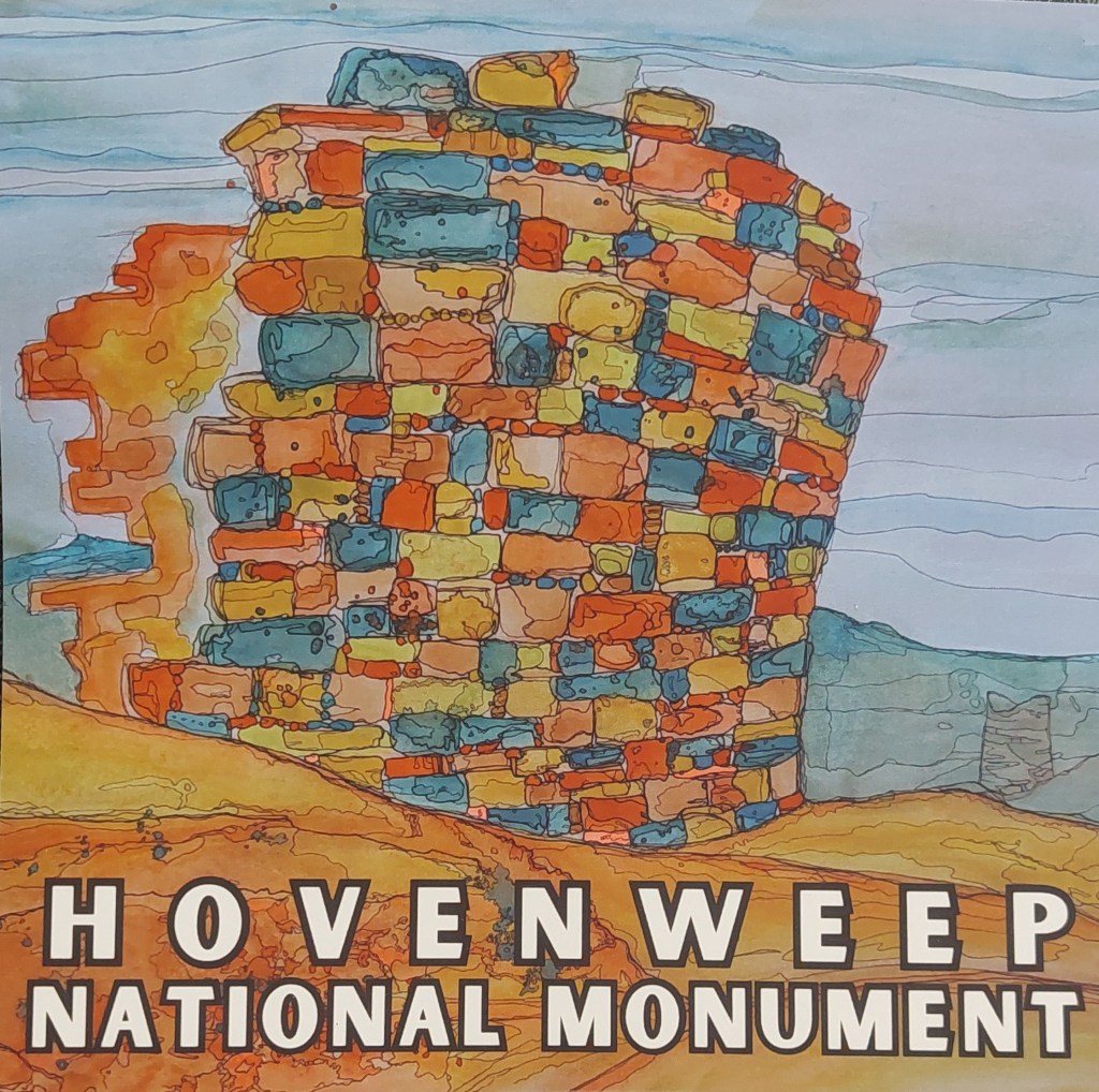 Illustration of Hovenweep National Monument featuring colorful stone towers against a blue sky and desert landscape.