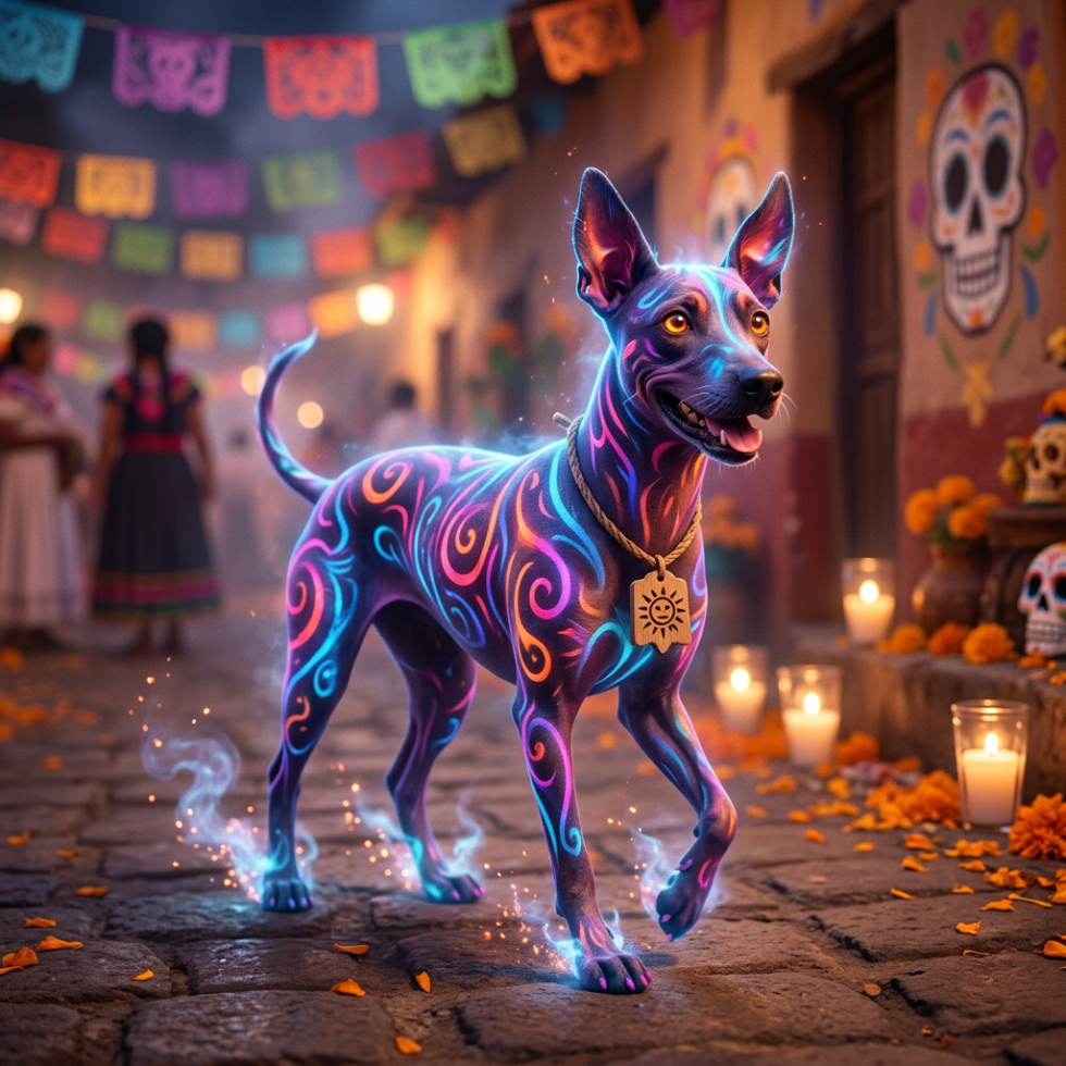Glowing purple spirit dog adorned with neon patterns at Día de los Muertos altar