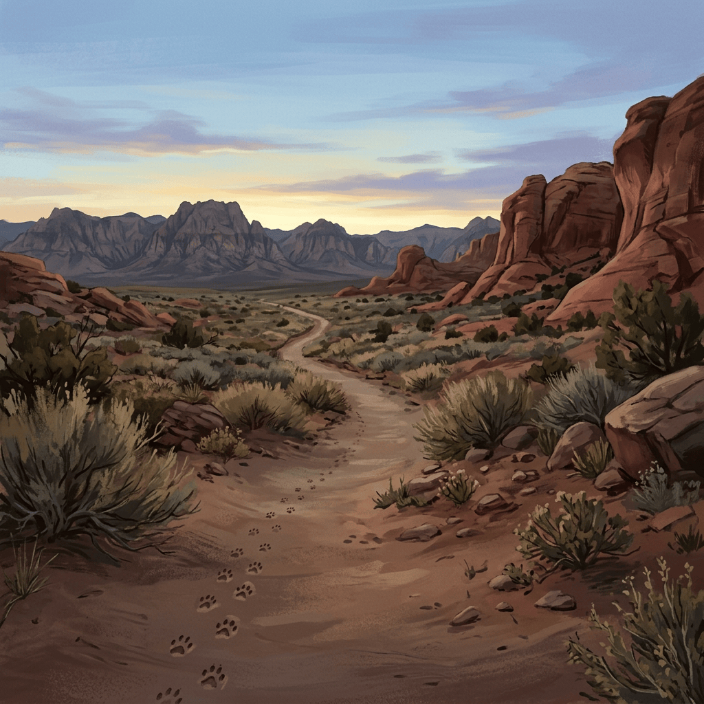 Winding desert trail through red rocks toward distant mountains