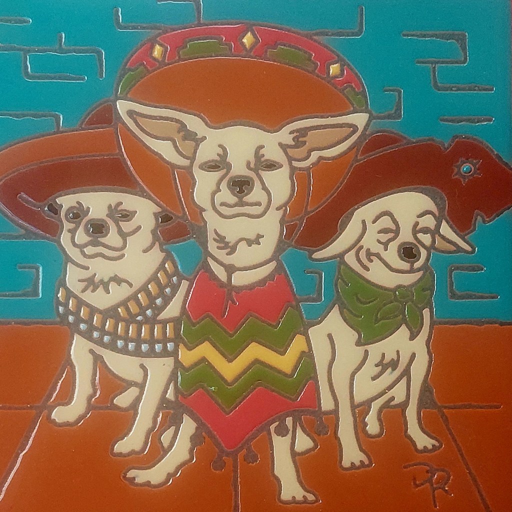 Three cartoon chihuahuas dressed in traditional Mexican attire, featuring sombreros and ponchos, set against a colorful background.